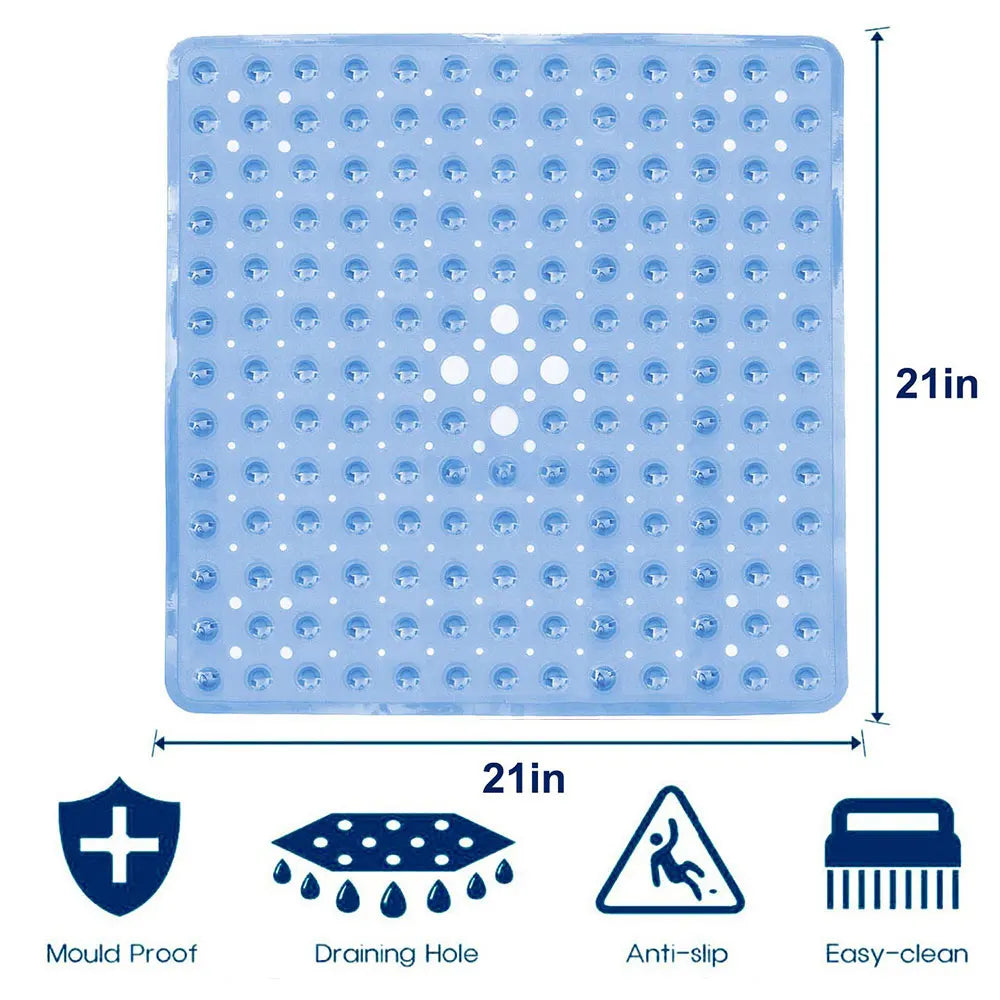 tapis bain antidérapant moderne bleu clair gris perforations rondes transparent PVC respectueux environnement salle