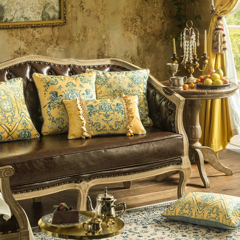 coussin jaune motif floral bleu classique tissu polyester respectueux environnement maison decoration adhésif