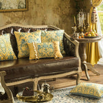 coussin jaune motif floral bleu classique tissu polyester respectueux environnement maison decoration adhésif