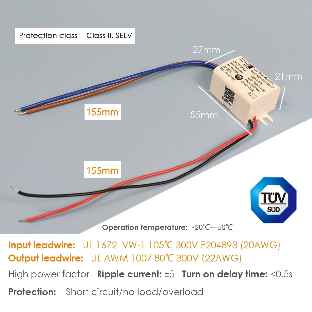 transformateur led alimentation 700mA 9V blanc câbles certification rohs tue flickfree électronique
