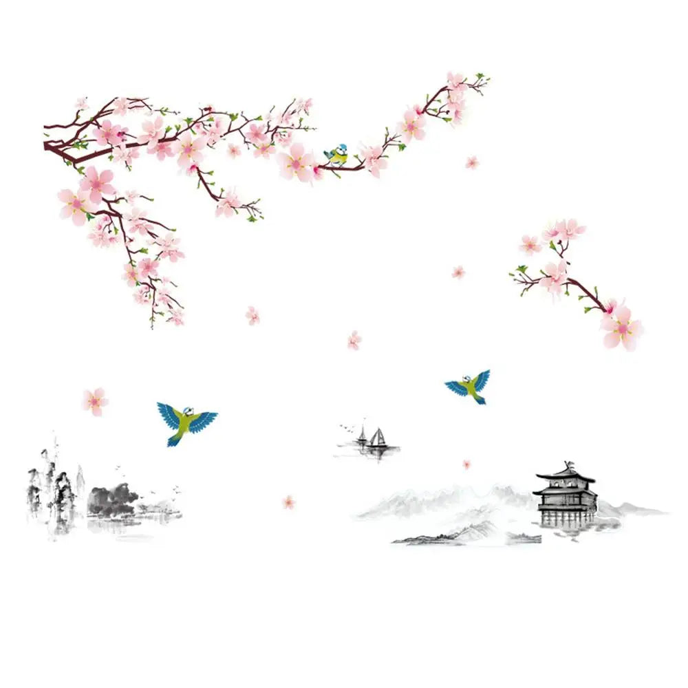 autocollant mural fleurs cerisier oiseaux paysage traditionnel chinois résistant eau dimension 240cm 150cm peinture