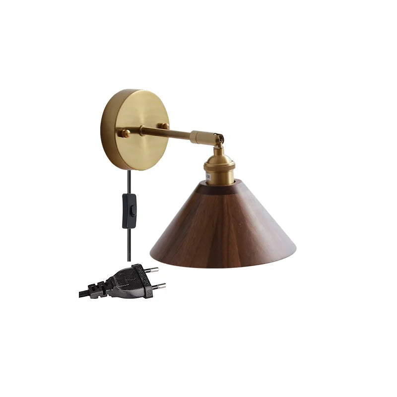 lampe murale industrielle moderne or marron foncé conique réglable bois ampoule led fixée sans