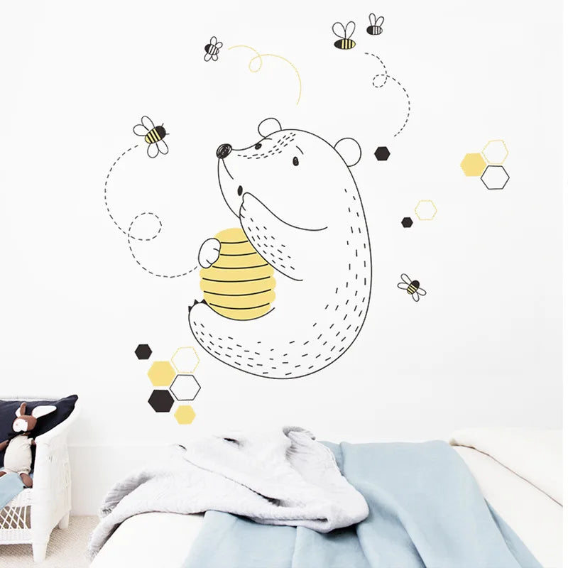 sticker mural dessin animé ours abeilles enfant simple adhésif pvc chambre bébé decoration miel