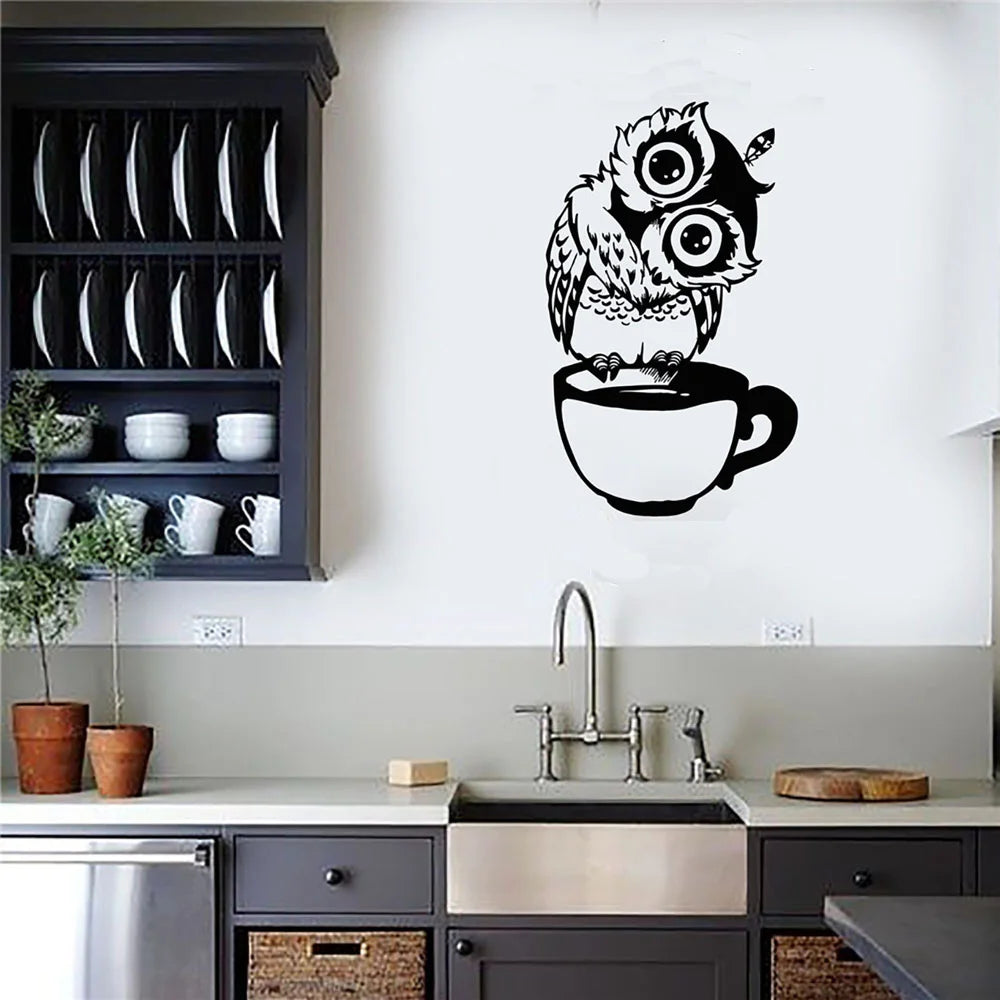 autocollant mural hibou noir tasse graphique simple résistant eau salon chambre cuisine