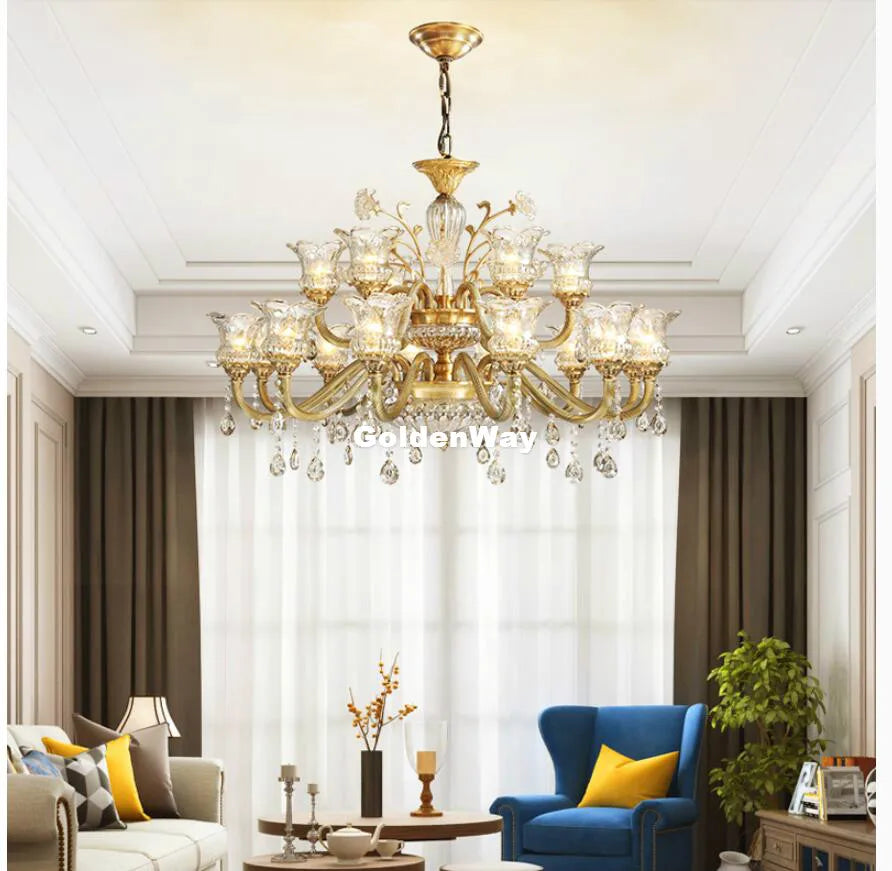 lustre cristal doré fleur transparent classique 18 bras suspension chambre salon