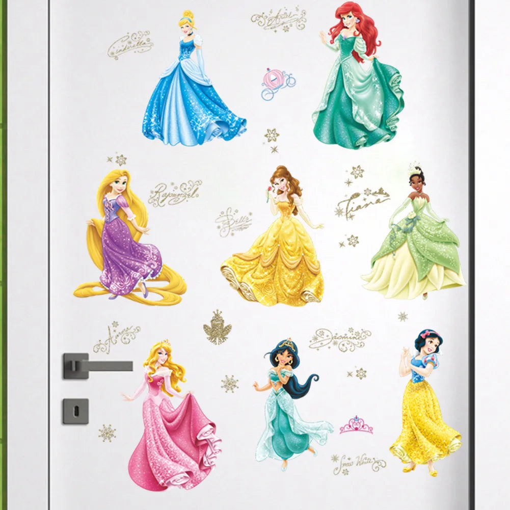 Stickers muraux princesses Disney élégantes rose bleu vert chambre enfant illustration PVC