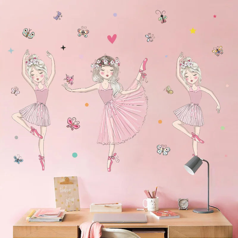 Stickers muraux danseuses tutu papillons coeurs couleurs vives illustration cartoon adhésif chambre enfant decoration