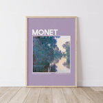 L'image montre l'œuvre "Matinée sur la Seine près de Giverny" de Claude Monet, une peinture à l'huile représentant une scène de nature paisible avec une rivière et des arbres verdoyants.