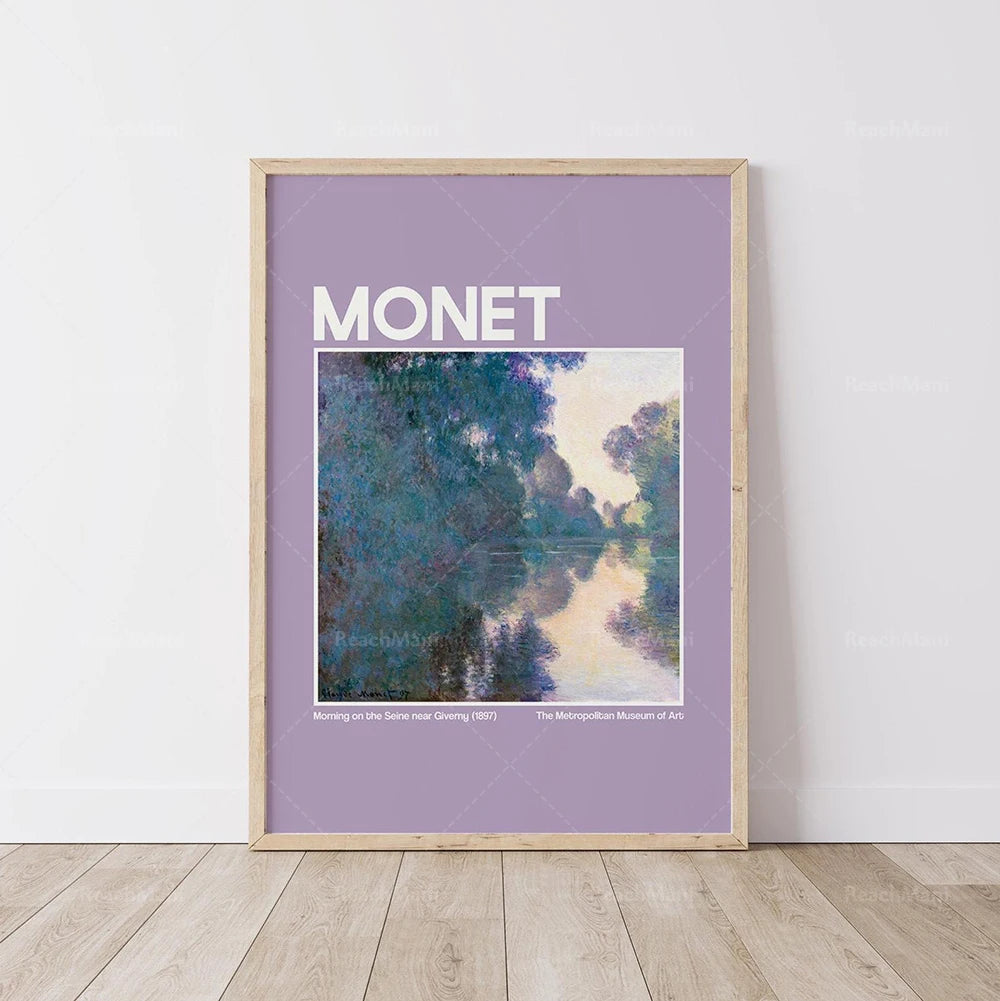 L'image montre l'œuvre "Matinée sur la Seine près de Giverny" de Claude Monet, une peinture à l'huile représentant une scène de nature paisible avec une rivière et des arbres verdoyants.