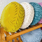 coussin velours rond plissé jaune blanc cassé bleu turquoise violet rose rouge moderne salon