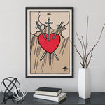 Une illustration d'un coeur percé de trois épées, symbolisant la douleur et la souffrance émotionnelle.