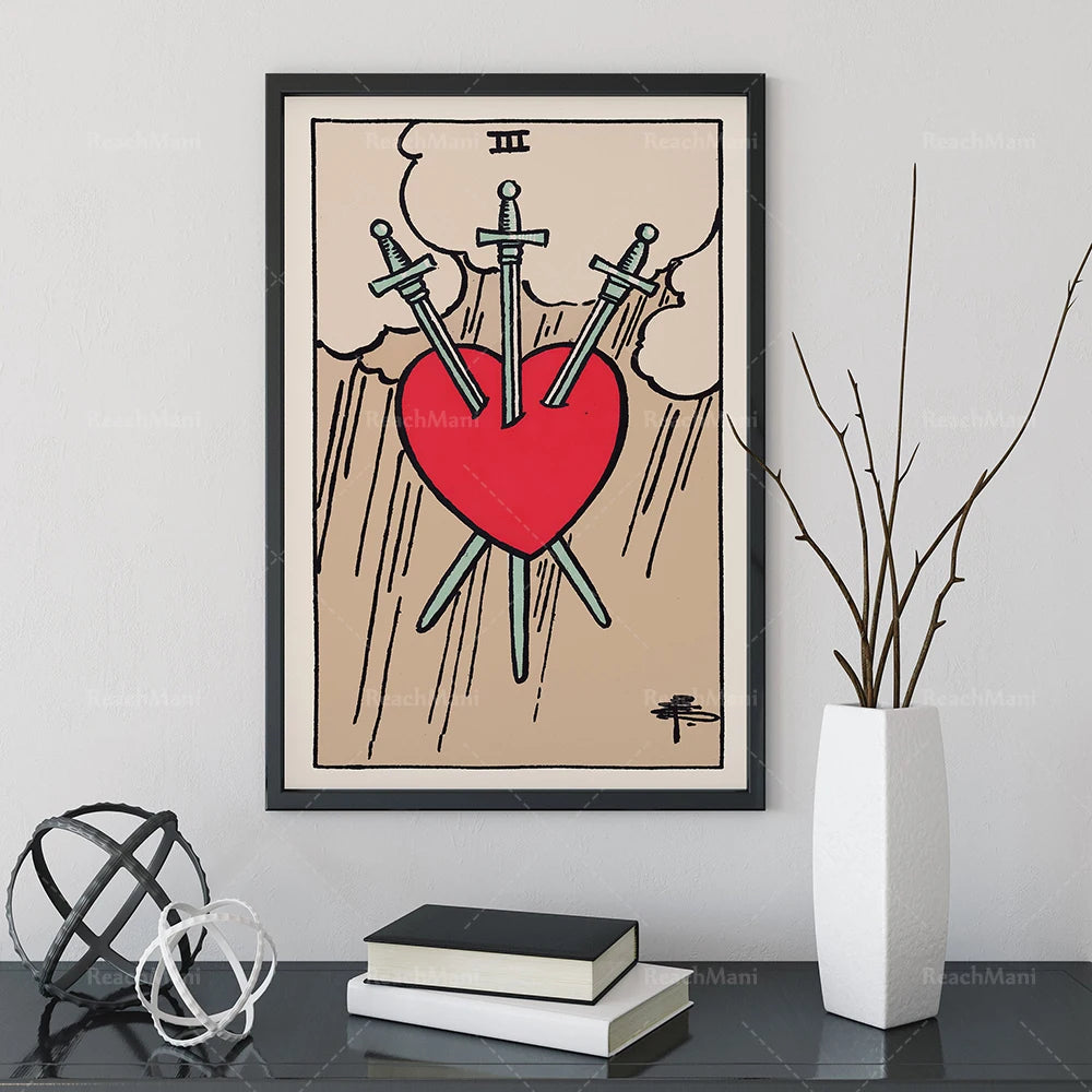 Une illustration d'un coeur percé de trois épées, symbolisant la douleur et la souffrance émotionnelle.