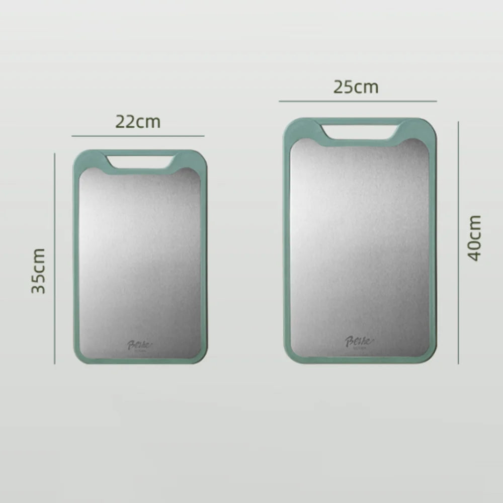 planches découper acier inoxydable moderne 22cm 35cm poignées intégrées vert clair gris métallisé