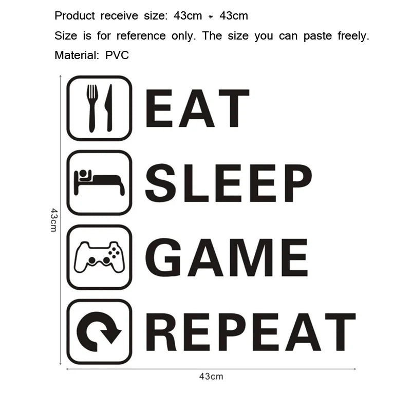 autocollant mural minimaliste eat sleep game personnages repas lit jeu répétition 43cm 43cm noir