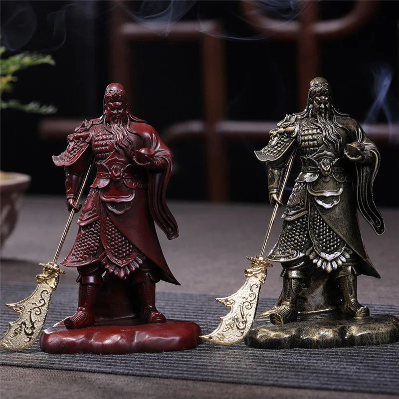 statue bouddha guan gong bronze armure historique décoration maison épée dorée résine feng shui