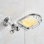 accessoires salle bain chrome cristaux motifs dorés porte savon dentifrice serviettes goblets sèche cheveux