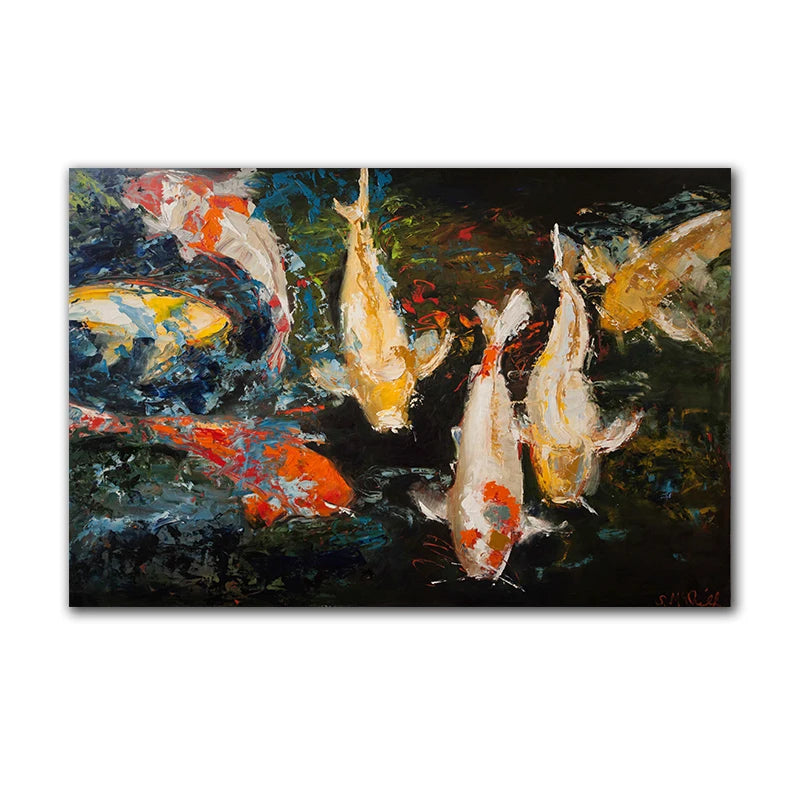 toile peinte abstraite poissons rouges moderne multicolore jaune orange blanc noir cadre doré decoration