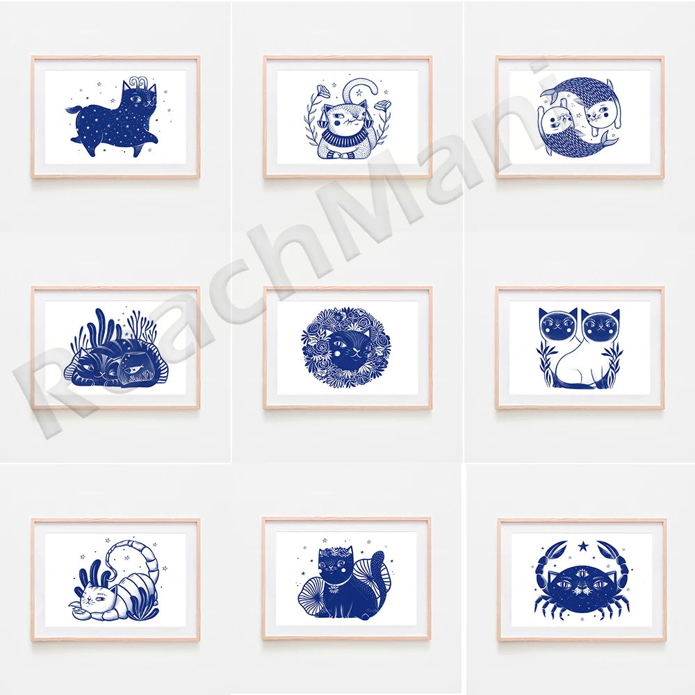 Une série d'illustrations en bleu marine représentant des chats et animaux marins stylisés, encadrées dans des cadres en bois clair.