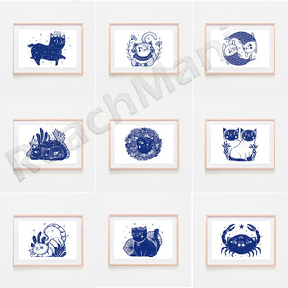 impression toile astrologie chats motifs floraux cadre bois décoration murale intérieure graphique vibrant