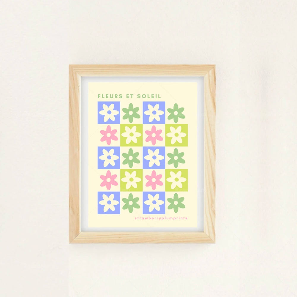 Un cadre décoratif montre un motif de fleurs colorées dans un style géométrique avec le titre "Fleurs et Soleil" en français.