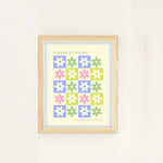 Un cadre décoratif montre un motif de fleurs colorées dans un style géométrique avec le titre "Fleurs et Soleil" en français.