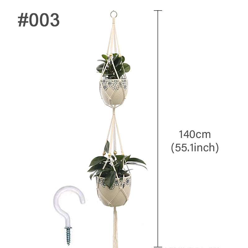 plante suspendue macramé décoratives boho artisanale pot fleur blanc anneaux métalliques decoration murale cour