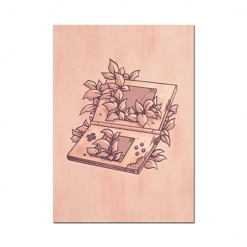 Une console de jeu vintage entourée de belles fleurs, suggérant une connexion entre nature et technologie.