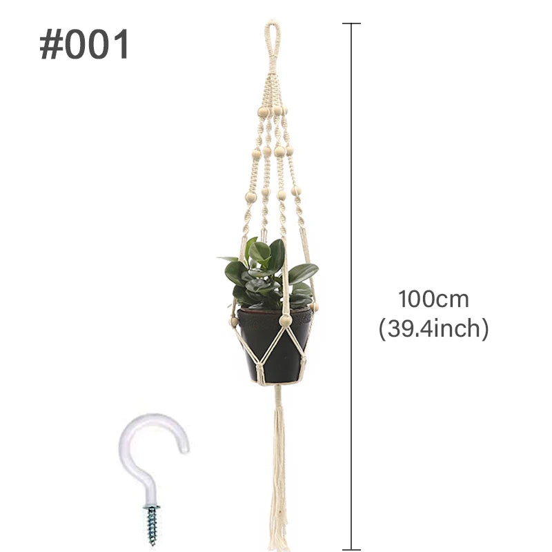 plante suspendue macramé décoratives boho artisanale pot fleur blanc anneaux métalliques decoration murale cour