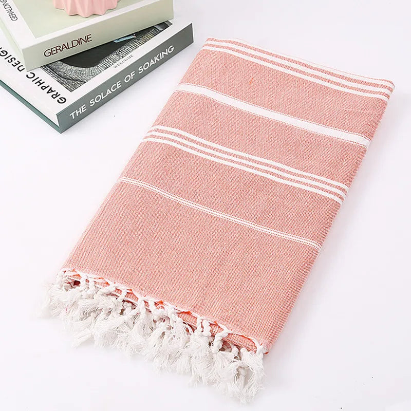 serviette bain rayée 100x180cm coton biologique séchage rapide franges classique rose gris bleuclair