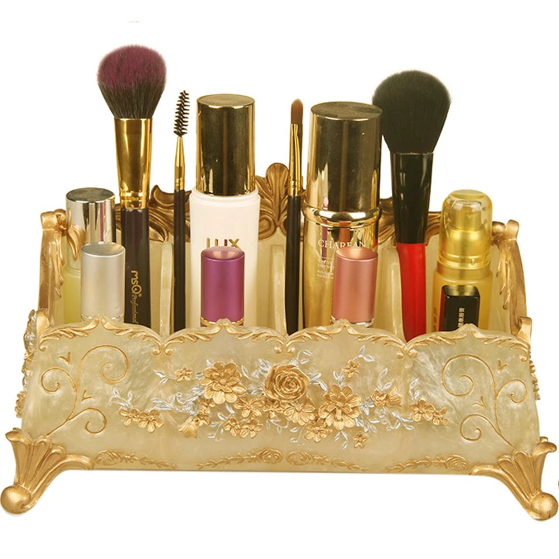 organisateur maquillage réutilisable résine fleurée classique beige doré rose bleu