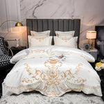 Housse de couette satin coton blanc perle avec broderie or Royal - vue d'ensemble