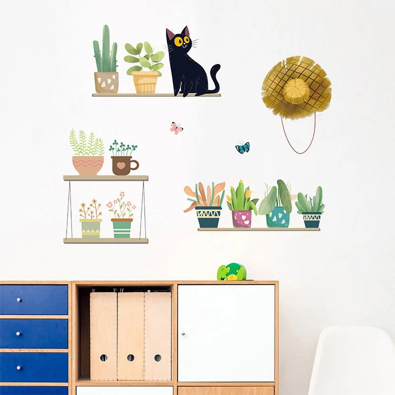 sticker mural décoration enfantine plantes pots chat papillons botanique mignon vert jaune