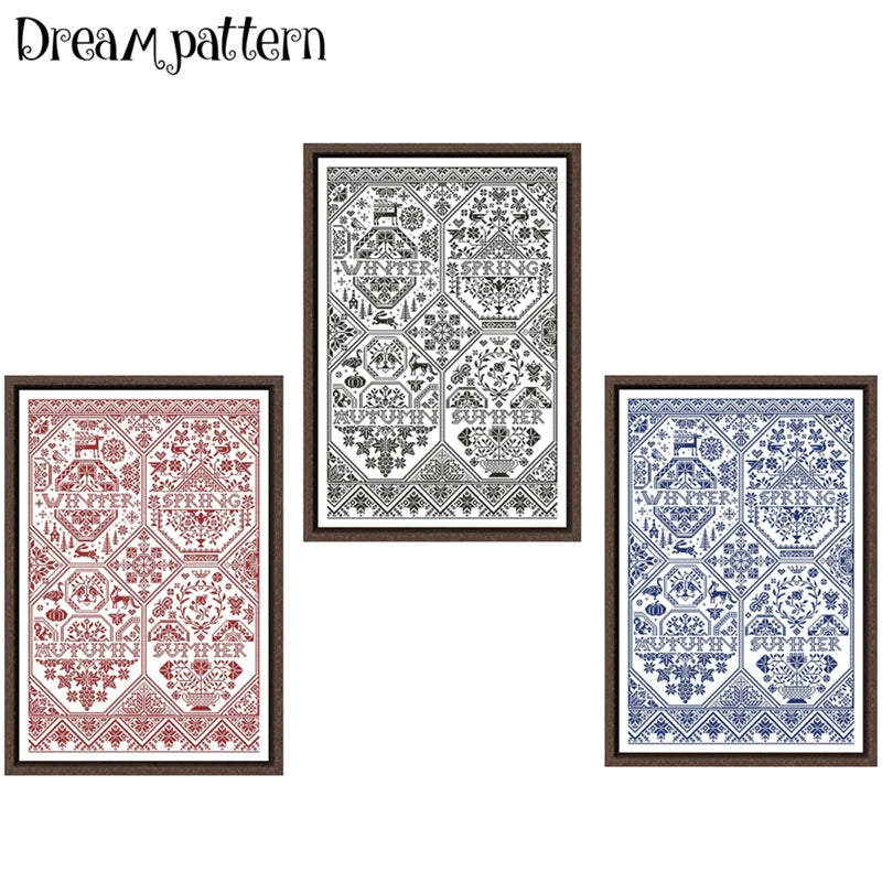 broderie kit toile coton rouge bleu gris motifs géométriques floral 11ct 14ct 18ct fil