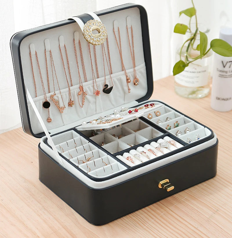 boîte rangement bijoux simili cuir noir rose blanche velours moderne boucles