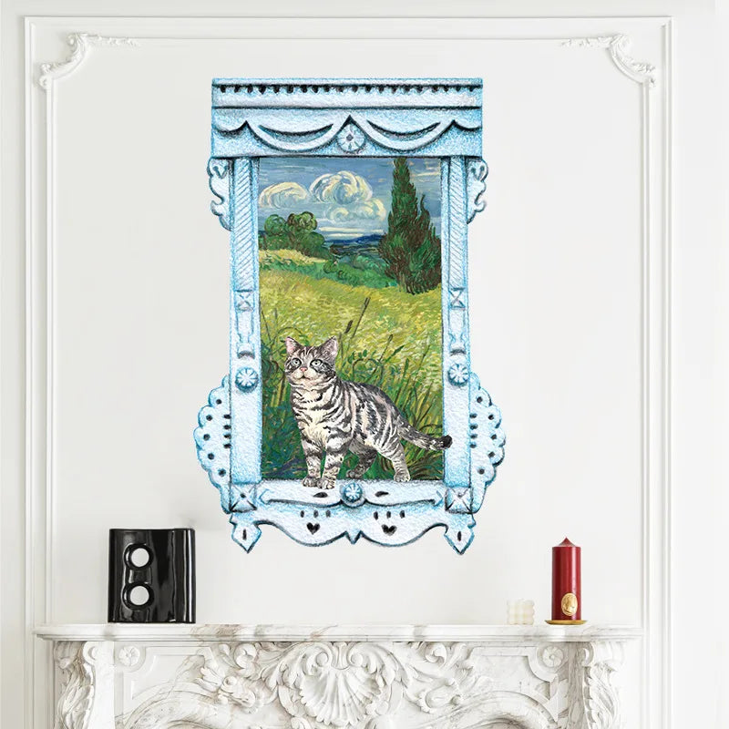 autocollant mural rétro chat paysagère adhésif chambre salon décoration intérieure bleu clair vert beige
