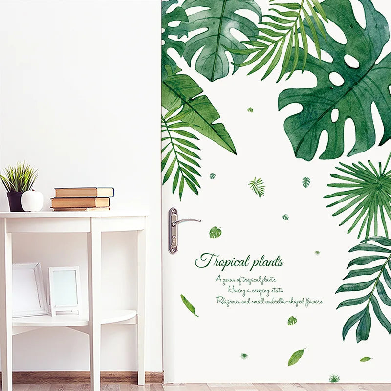autocollant mural feuilles tropicales moderne adhésif vert opaque décoration murale résistant eau chambre salon