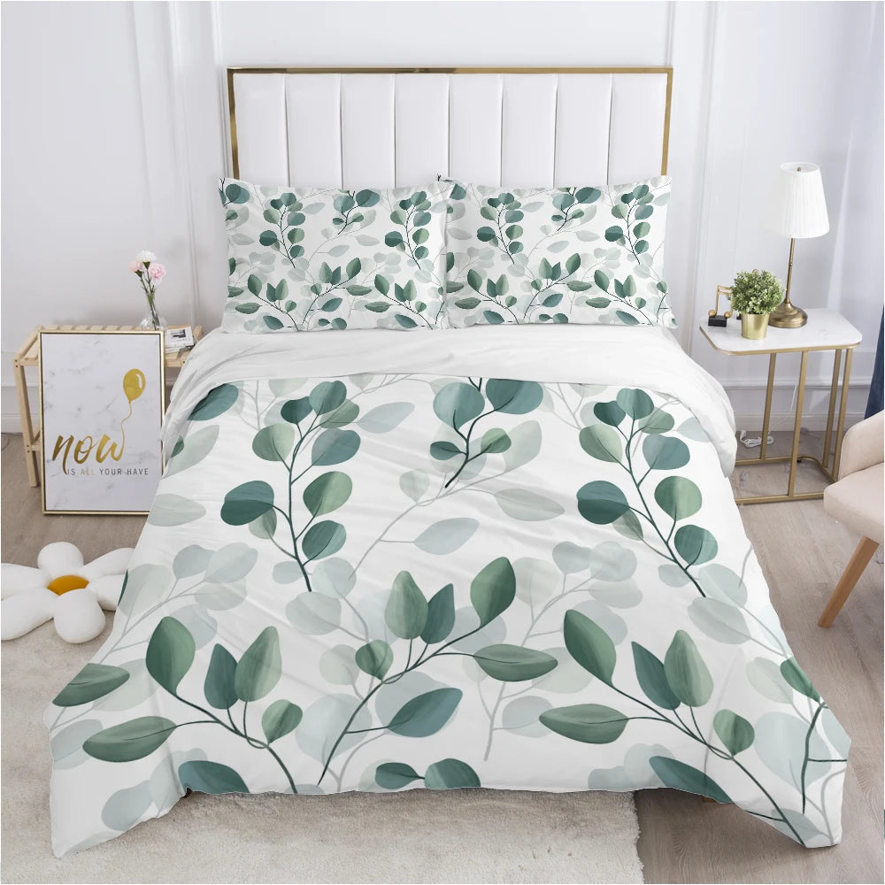Parure de lit 240x260 en microfibre, motif feuille verte, style nordique sur lit king