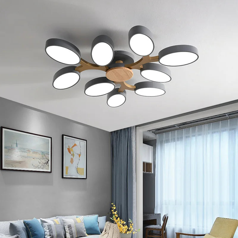 plafonnier moderne bois naturel gris blanc circulaire contemporain opacité(touches marche/arrêt) LED 6sources 2000 82000lm