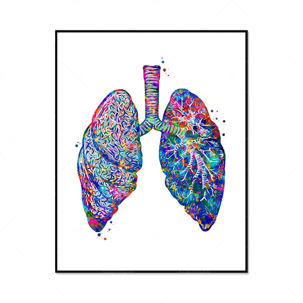 Un schéma anatomique coloré et abstrait des poumons, représenté de manière artistique avec des motifs vibrants et dynamiques.