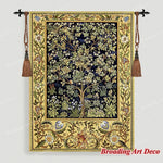 tapisserie murale coton art nouveau floral arbres feuillage oiseau bleu foncé vert beige