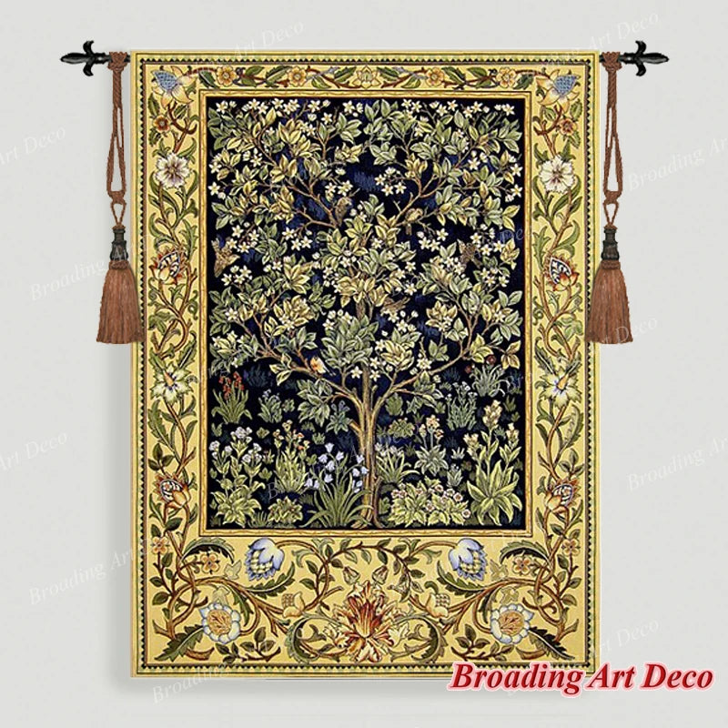 tapisserie murale coton art nouveau floral arbres feuillage oiseau bleu foncé vert beige