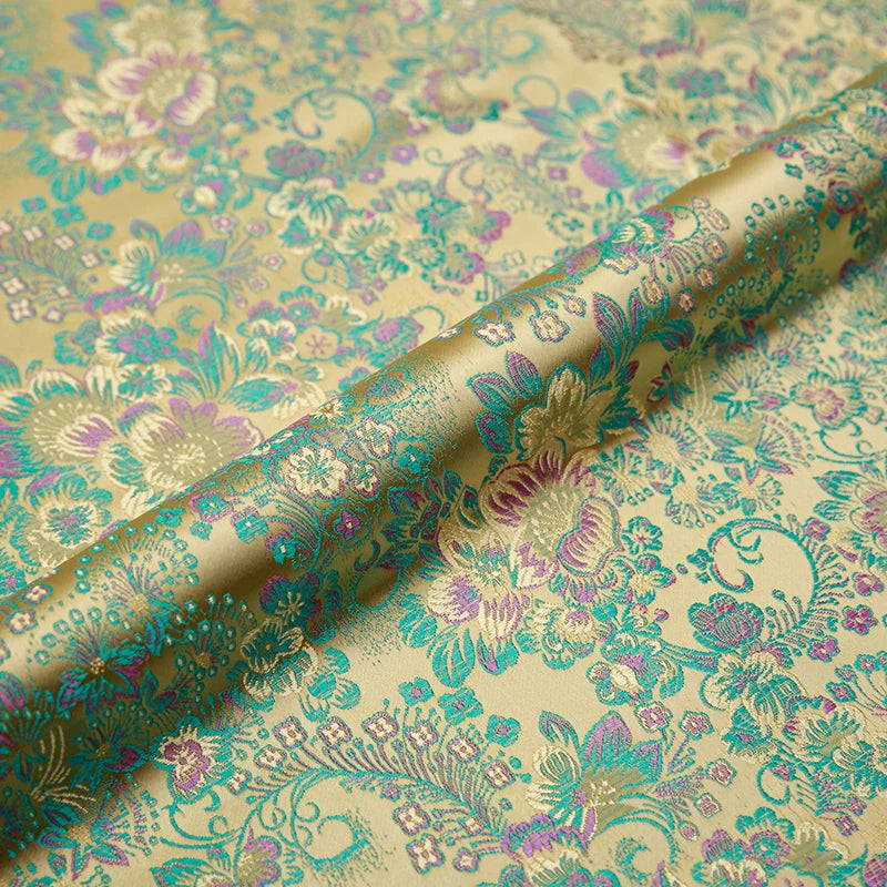 tissu brocart fleurs rouge rose jaune bleu polyester durable qualité jacquard teint decoration materiau