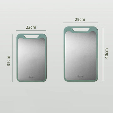 planches découper acier inoxydable moderne 22cm 35cm poignées intégrées vert clair gris métallisé