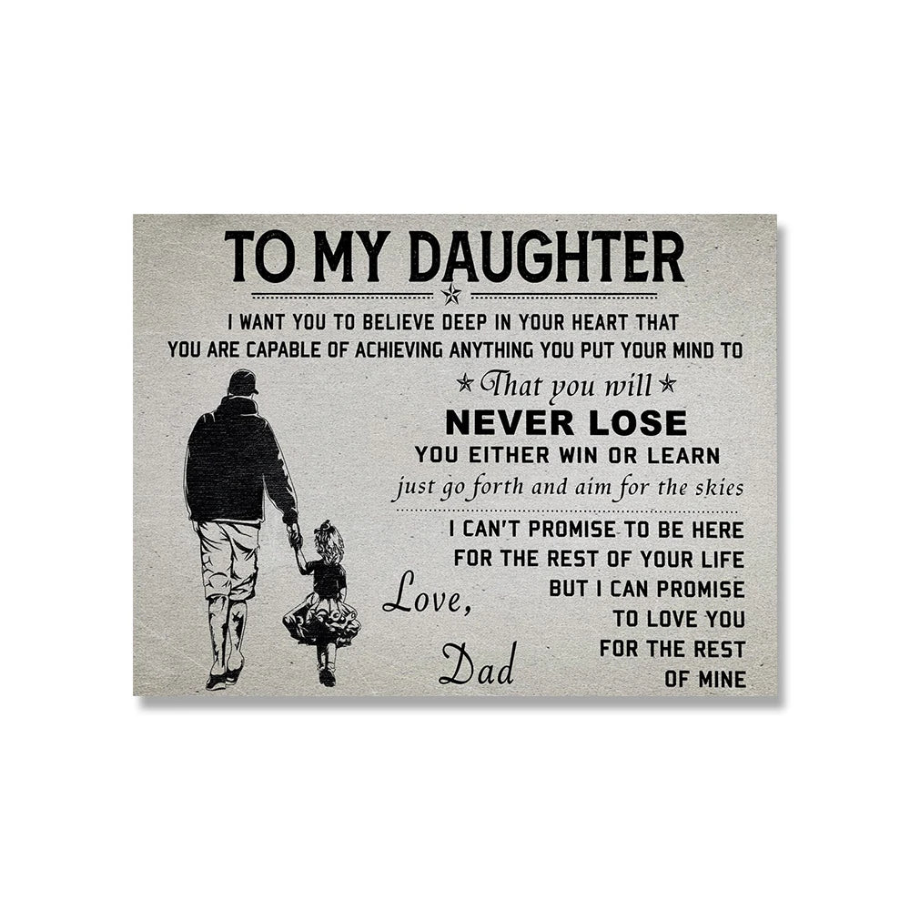Cette image présente un message d'un père à sa fille, l'encourageant à poursuivre ses rêves avec confiance et persévérance, tout en l'aimant inconditionnellement.