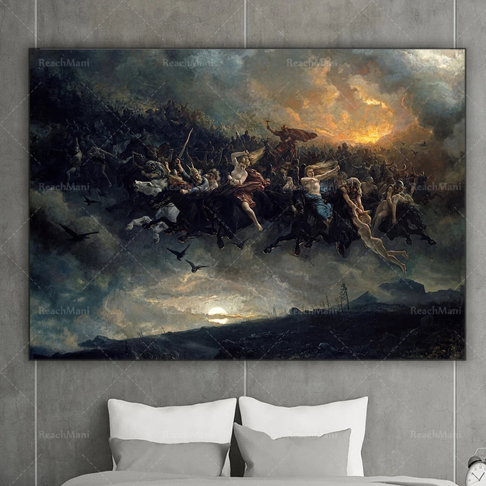 Une peinture épique représentant une multitude de personnages mythologiques volant dans un ciel orageux, créant une scène grandiose et dramatique.