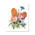 Un bouquet de fleurs colorées avec des pivoines roses, des chrysanthèmes bleus et oranges, et d'autres fleurs sur fond blanc.