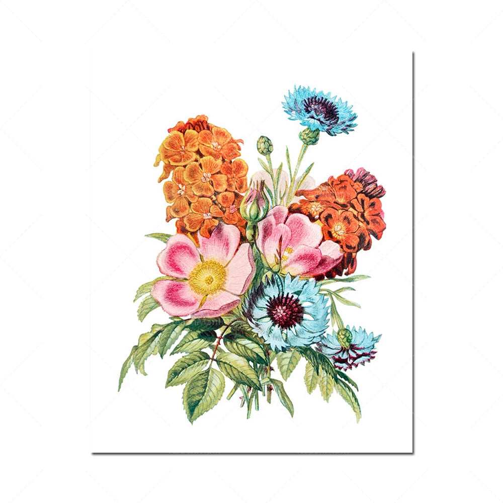 Bouquet de fleurs coloré composé de fleurs roses, orange, bleues et vertes.