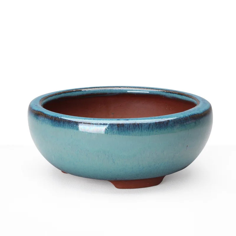 pots bonsaï chinois céramique porcelaine bleu brun texture grès effet craquelé classique artisanal