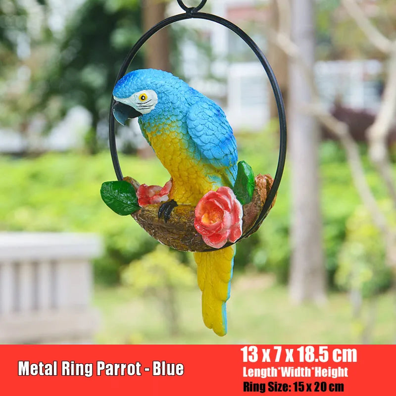 décoration extérieure oiseau suspendu perroquet plumage coloré anneau métallique jardin fleurs artificiellesbranches
