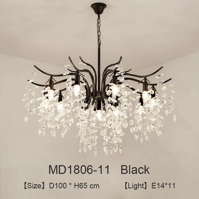lustre moderne cristal K9 doré noir ampoules LED branches stylisées transparentes salon mariage